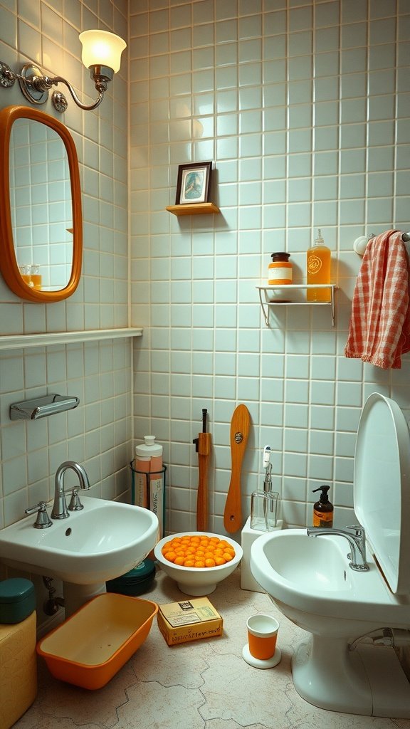 A 70s themed bathroom with blue tiles, orange accessories, and eclectic decor