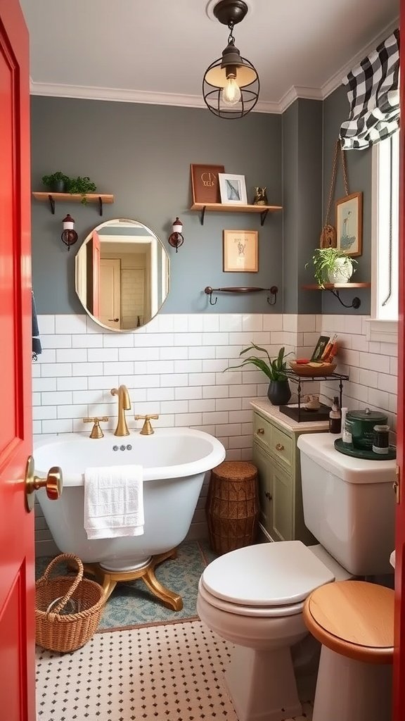 Eclectic bathroom decor featuring vintage art, a circular mirror, and plants