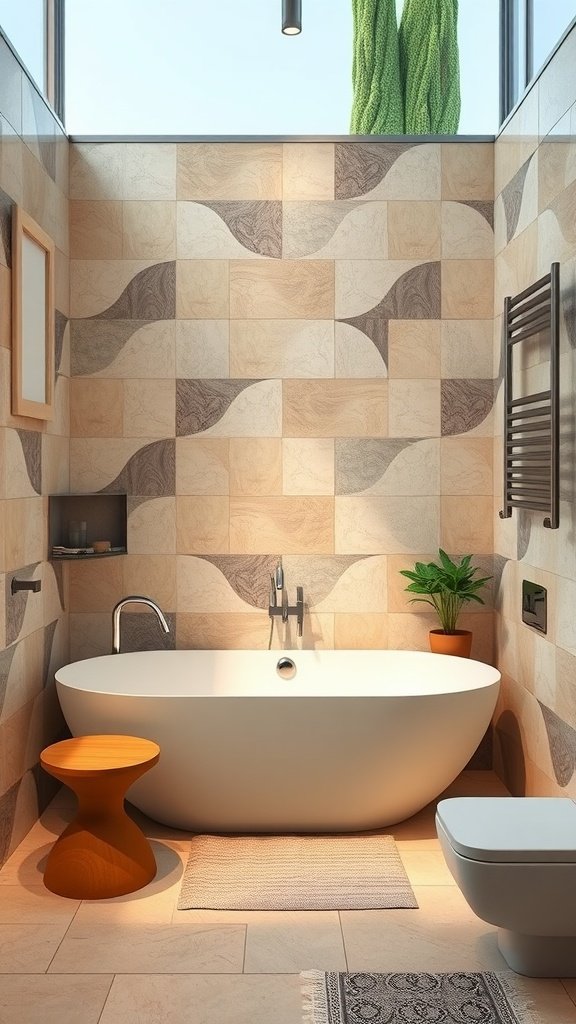 A stylish bathroom showcasing eco-friendly tiles with earthy tones and wave patterns, featuring a modern bathtub, plant, and natural light.