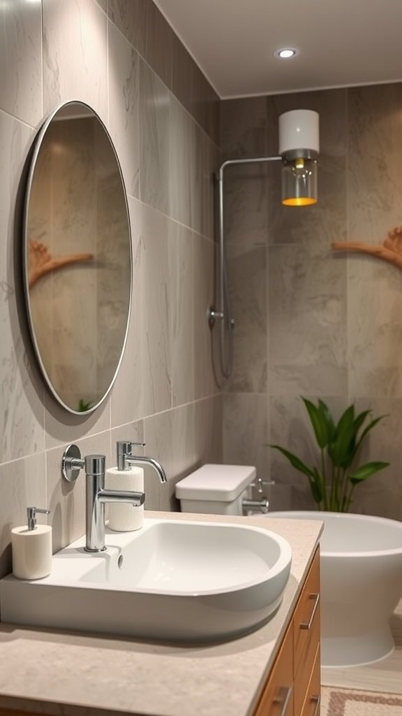 A modern bathroom with eco-friendly design elements, including a round mirror, a stylish faucet, and a green plant.