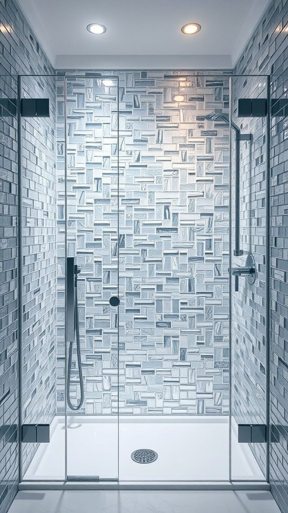 Modern walk-in shower with elegant glass tile design in light blue and silver hues