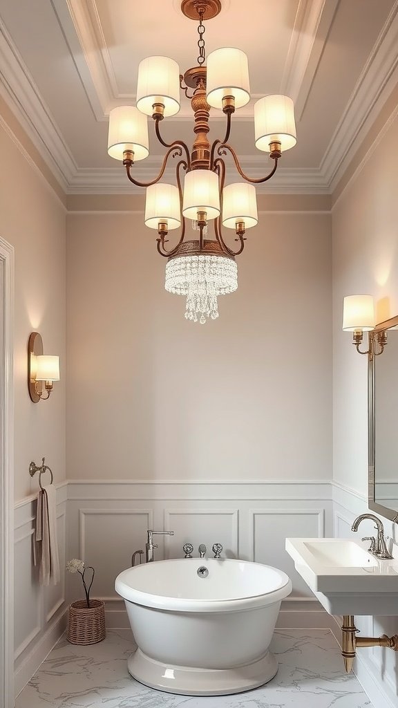 A beautifully lit bathroom featuring a chandelier and wall sconces, highlighting a tub and sleek sink.