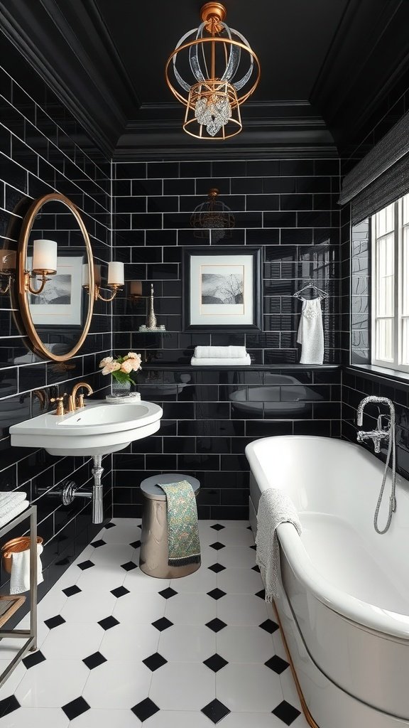 A modern monochrome bathroom featuring minimalist design with a black and white color scheme.