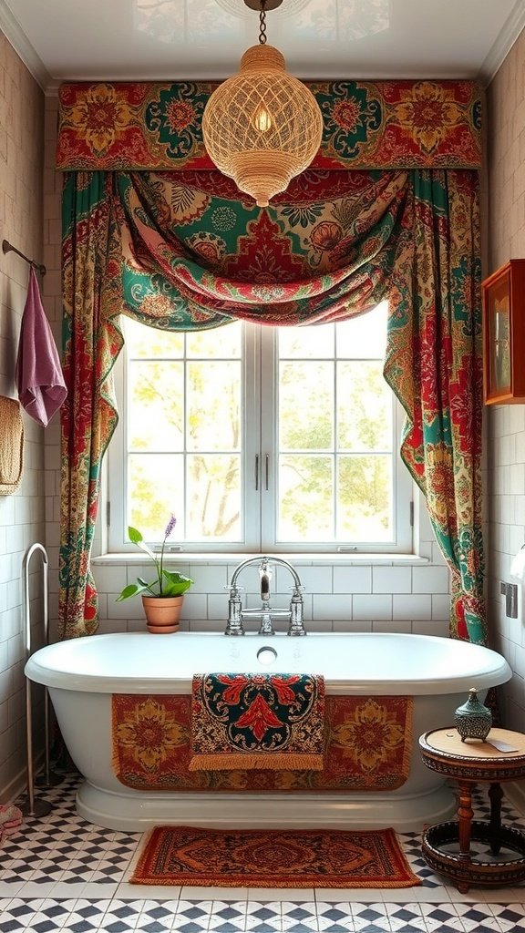 A cozy bathroom featuring colorful fabric curtains with intricate patterns, a vintage bathtub, and a potted plant.
