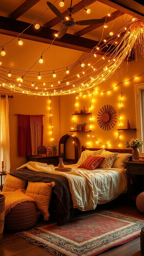 Cozy boho style bedroom with fairy lights draped across the ceiling, featuring warm tones and textured decor.