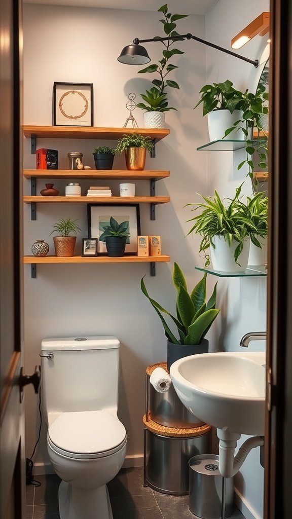 Small bathroom with floating shelves displaying plants and decor