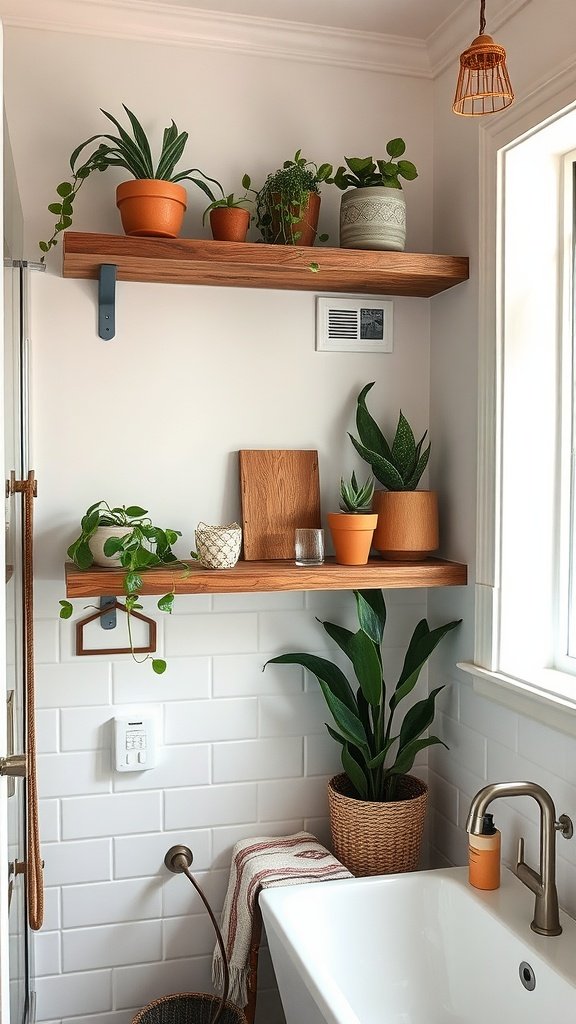 Floating shelves with potted plants and decor in a Boho bathroom