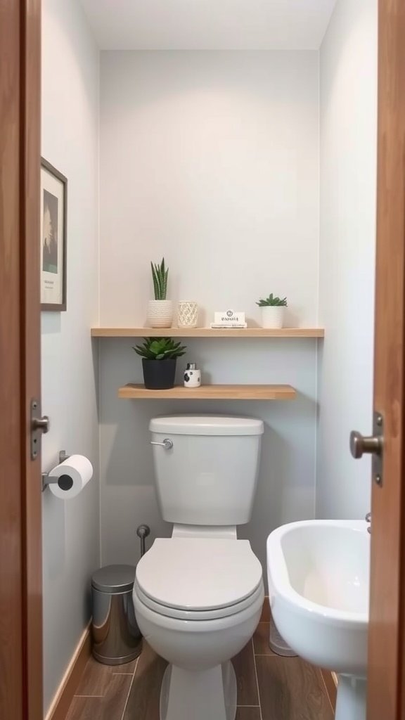 A small bathroom featuring a floating shelf above the toilet with plants and decorative items.