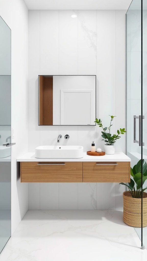 A modern floating vanity in a bathroom with a white countertop, wooden drawers, and a mirror above.