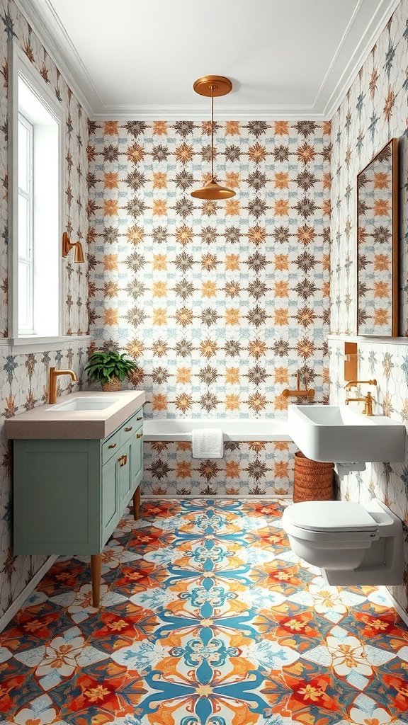 A vibrant bathroom with colorful floor tiles and patterned walls, showcasing innovative design.