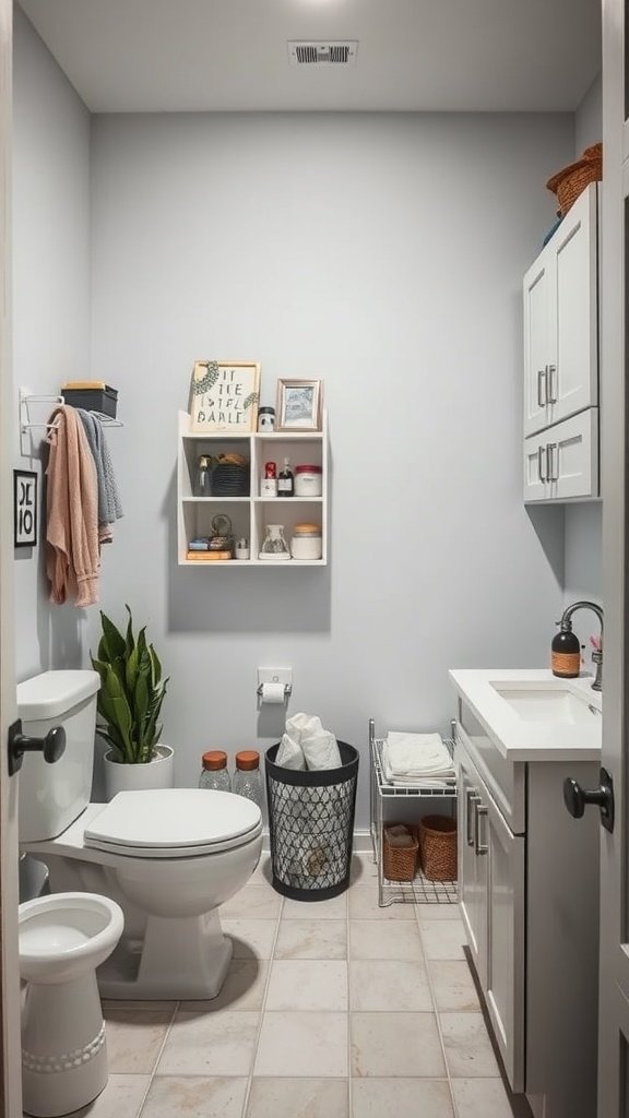 A well-organized bathroom featuring shelves, cabinets, and plants for decoration.