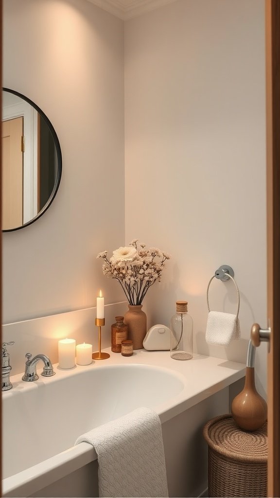 A serene boho bathroom featuring a bathtub with candles and decorative elements.