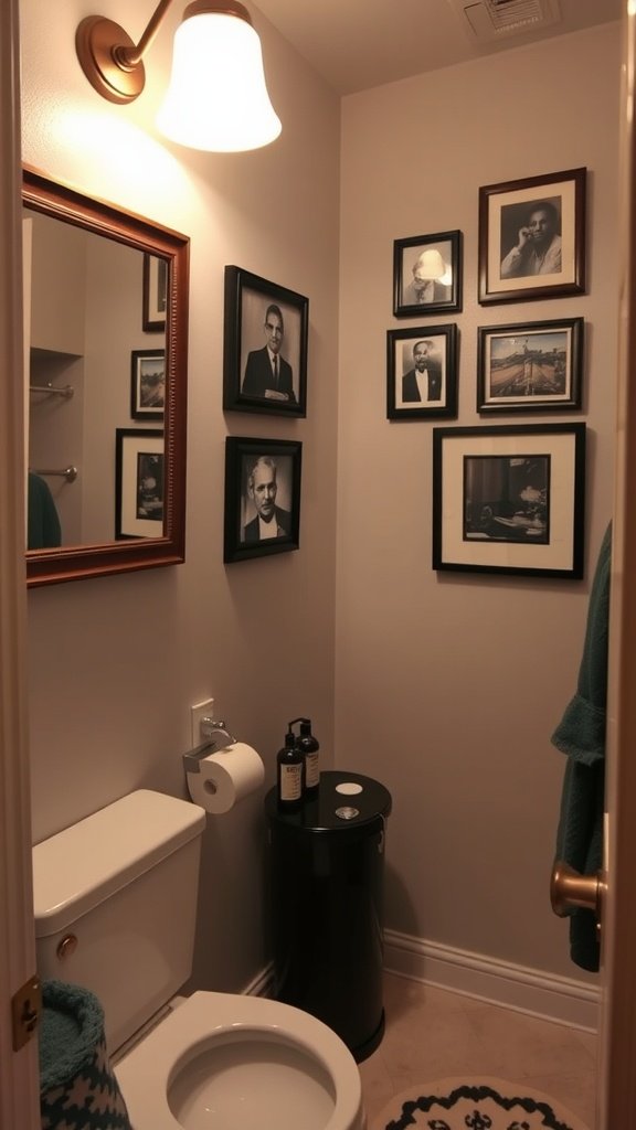 A small bathroom featuring framed photographs and prints on the wall.