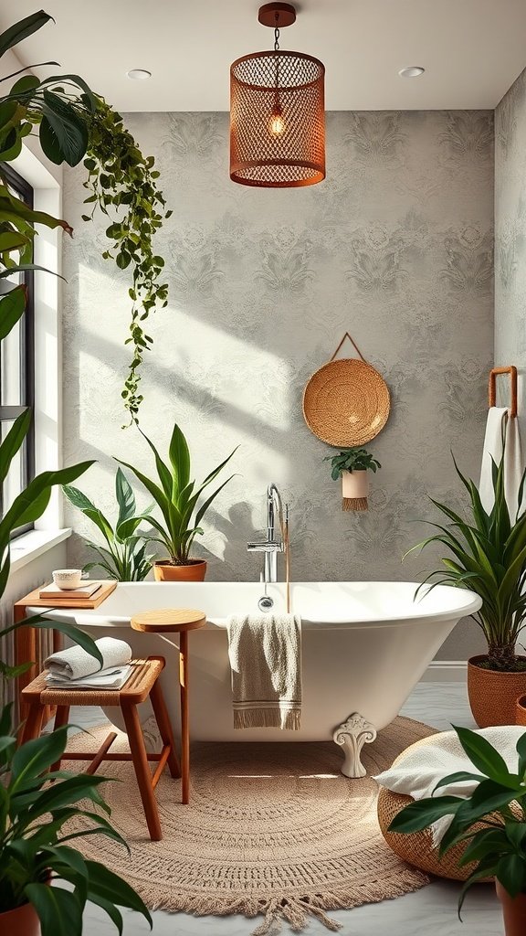 A beautifully styled boho bathroom featuring a freestanding bathtub surrounded by plants, wooden stools, and a cozy rug.