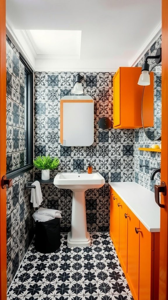 A Scandinavian bathroom featuring black and white patterned tiles, orange cabinets, and a white sink.