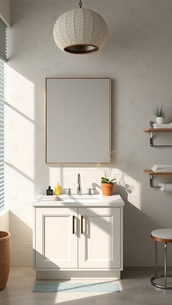 A modern bathroom vanity with a light color scheme, a mirror above, and decorative items.