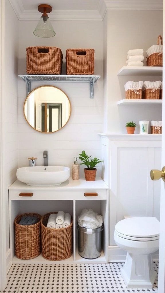 A modern bathroom with stylish storage solutions, featuring a vanity with baskets and a round mirror.