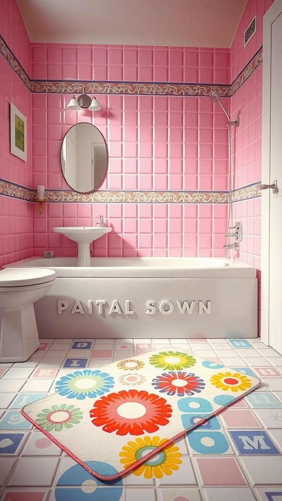 A vibrant bathroom with a floral mat on the floor, pink tiled walls, and a modern bathtub.