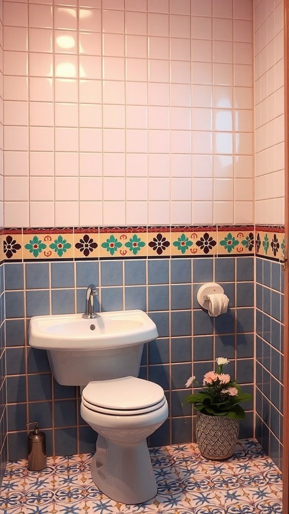 A bathroom with funky tile borders, featuring floral patterns and vibrant colors.