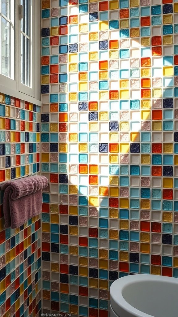 Colorful glass mosaic tiles on bathroom walls
