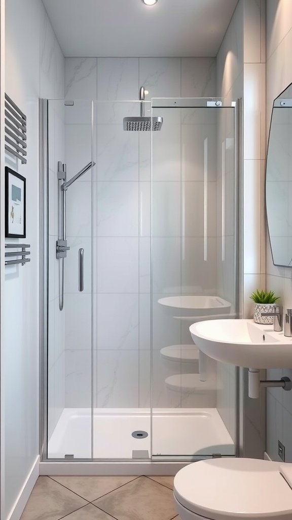 A modern small bathroom featuring a glass shower enclosure.