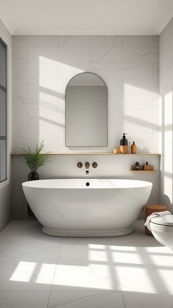 A modern bathroom featuring glossy tiles, a freestanding bathtub, and natural light.