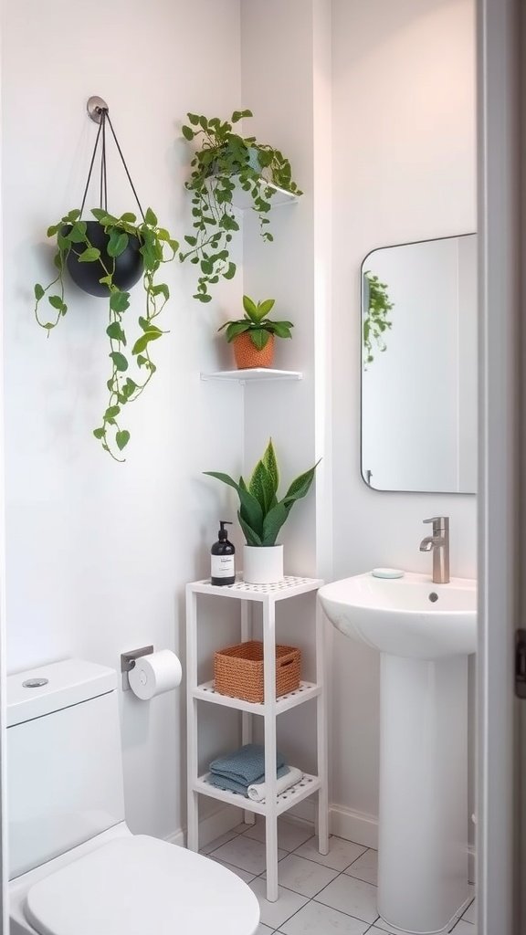 A small bathroom featuring a wall with plants, floating shelves, and a compact sink and toilet.