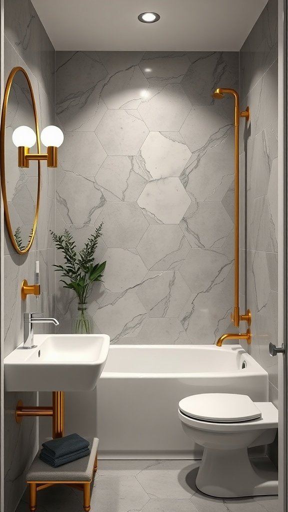 Very small bathroom with gold fixtures and grayscale tiles.