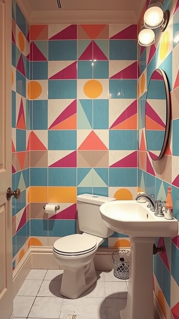 A vibrant bathroom featuring geometric wallpaper with pink, blue, orange, and yellow patterns.