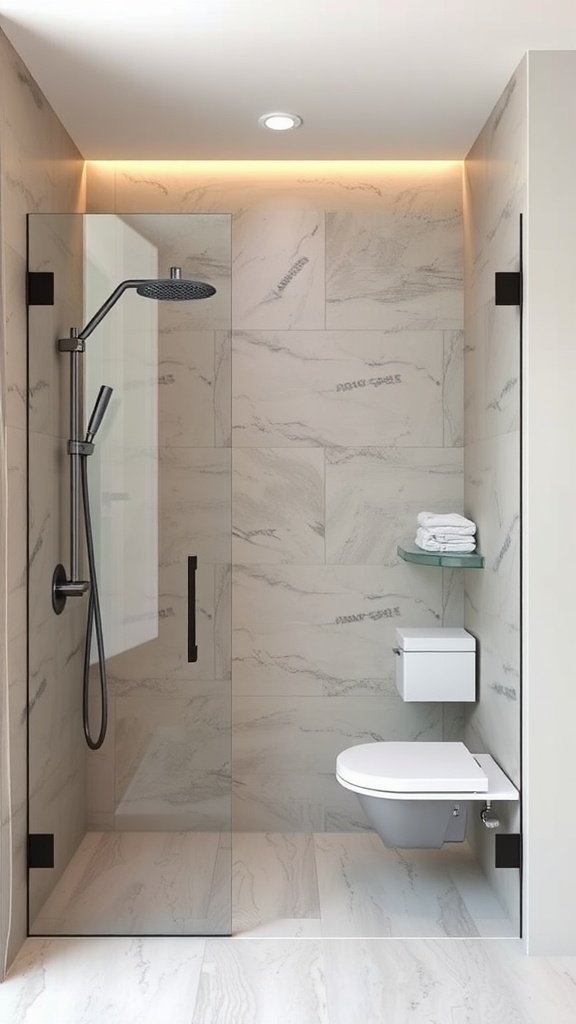 A modern walk-in shower with grout-free large format tiles, featuring black fixtures and a glass enclosure.