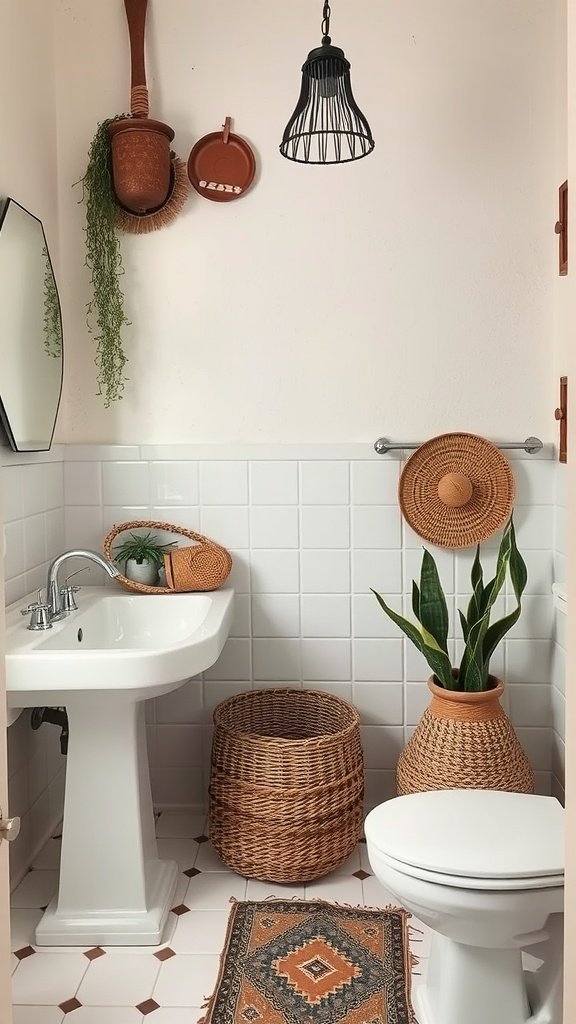 A cozy Boho bathroom featuring handmade accessories, woven baskets, and hanging plants.