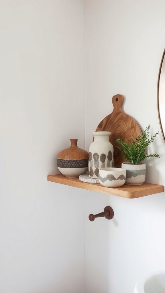 Handmade pottery displayed on a wooden shelf in a bathroom setting