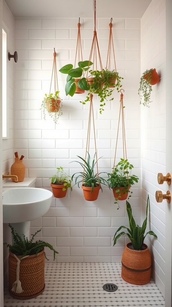 A Boho-style bathroom featuring hanging planters with various plants, terracotta pots, and a white tiled wall.