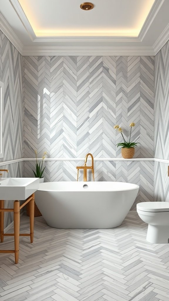 Modern bathroom featuring herringbone patterned walls and floor in light gray and white tones, with a freestanding tub and natural plants.