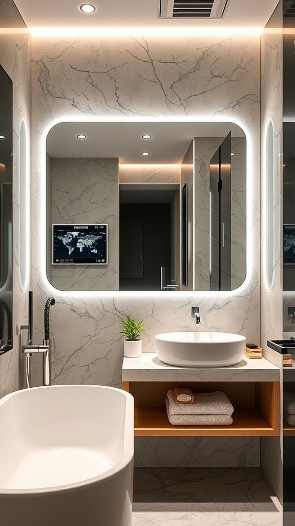 A modern bathroom featuring sleek mirrors with integrated LED lighting, a minimalist sink, and contemporary fixtures.