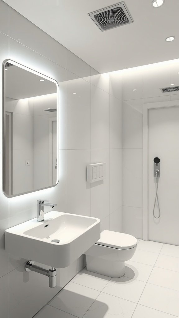 A modern high-tech bathroom with sleek design featuring a smart mirror and touch-sensitive shower controls.