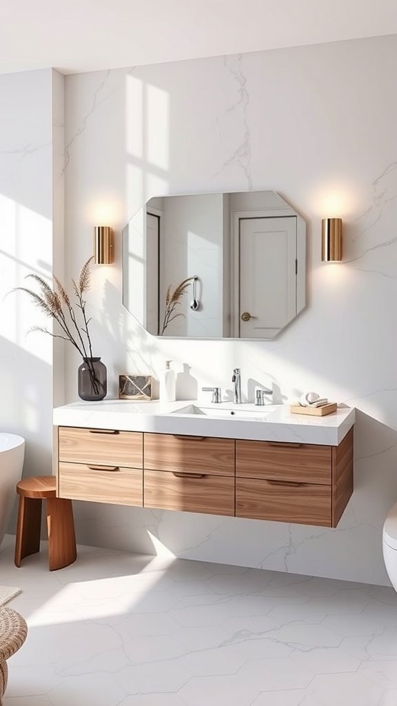 A modern bathroom featuring a floating vanity with quartz countertops, stylish lighting, and natural decor.