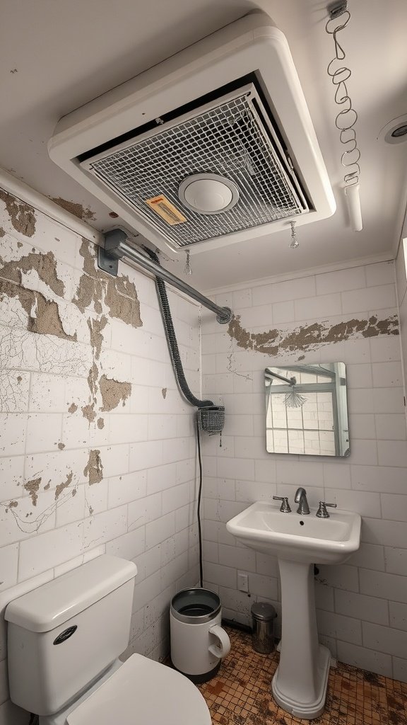 An image of a bathroom showing a ceiling ventilation fan, damaged walls, and basic plumbing fixtures.