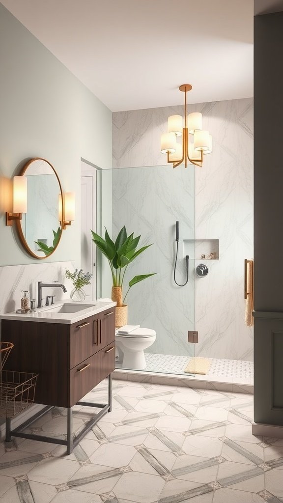 A modern bathroom design featuring a shower, sink, and decorative elements.