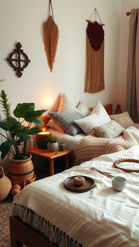 A cozy boho style bedroom featuring earthy tones, pillows, and incense for a relaxing atmosphere.