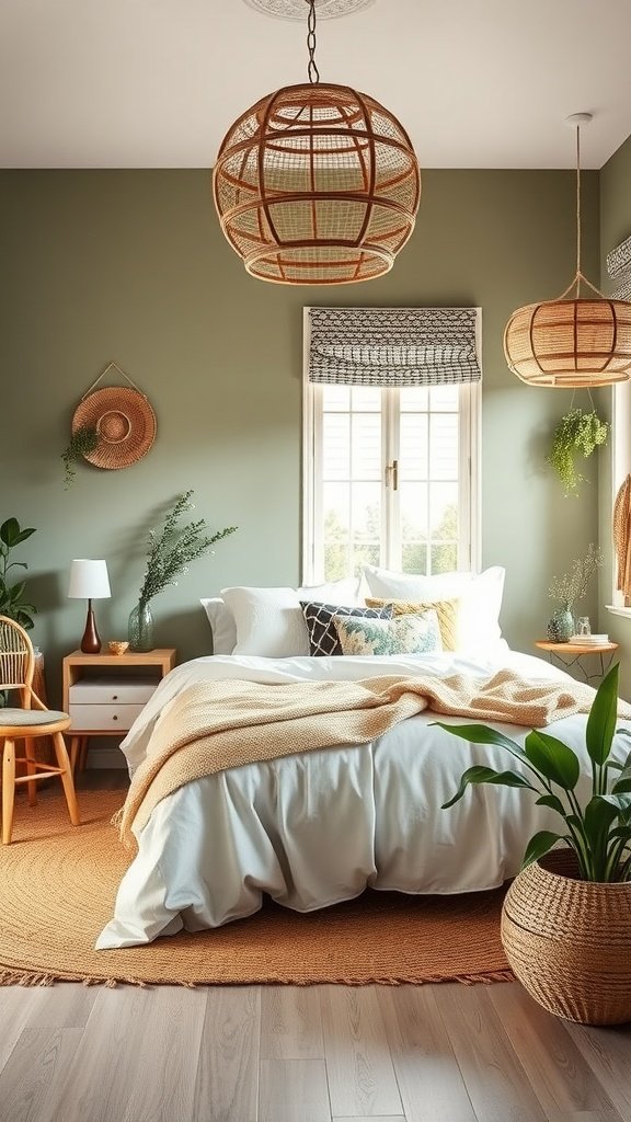 A cozy sage green boho style bedroom featuring natural textiles like jute and sisal.