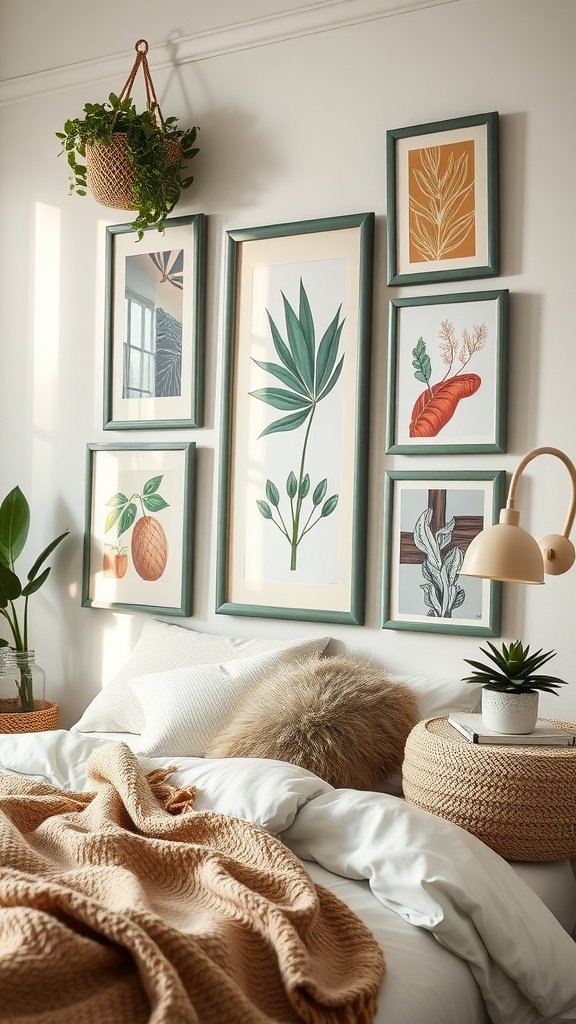 A cozy bedroom featuring a gallery wall with botanical art framed in sage green frames, complemented by a plush bed and natural decor elements.