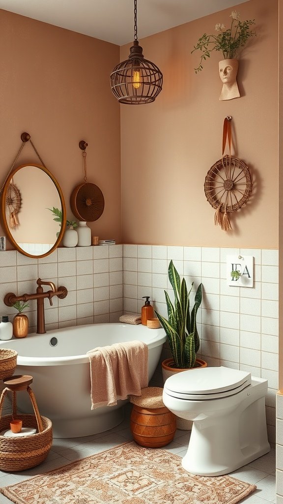 A beautifully designed boho bathroom featuring earthy color palettes and natural materials.