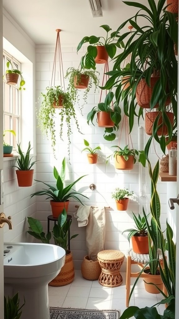 A bright bathroom filled with various indoor plants in pots, creating a fresh and inviting atmosphere.