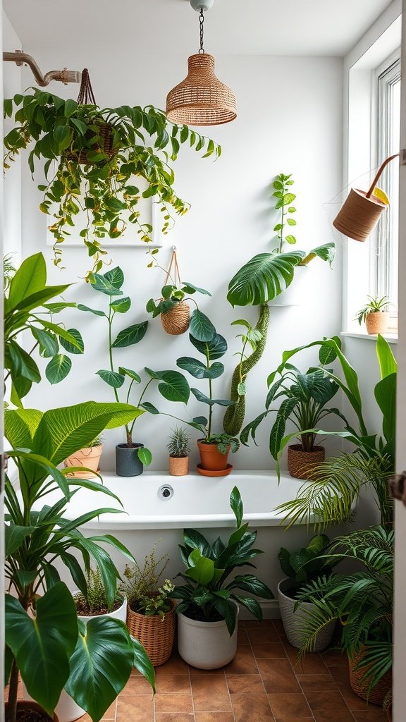 A vibrant boho bathroom filled with various indoor plants, featuring a white bathtub and natural light.