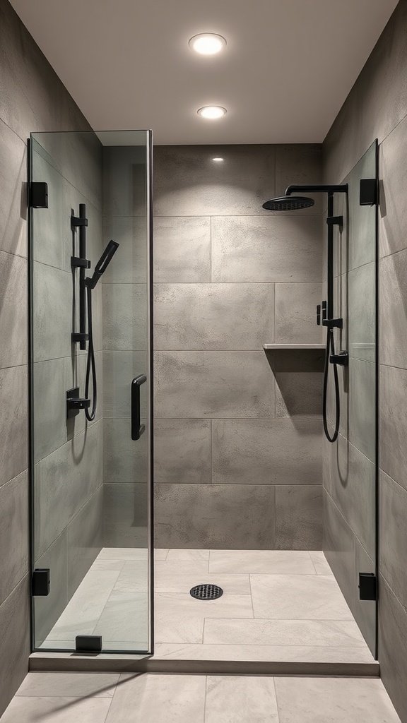 A modern industrial chic walk-in shower with gray tiles and black fixtures.