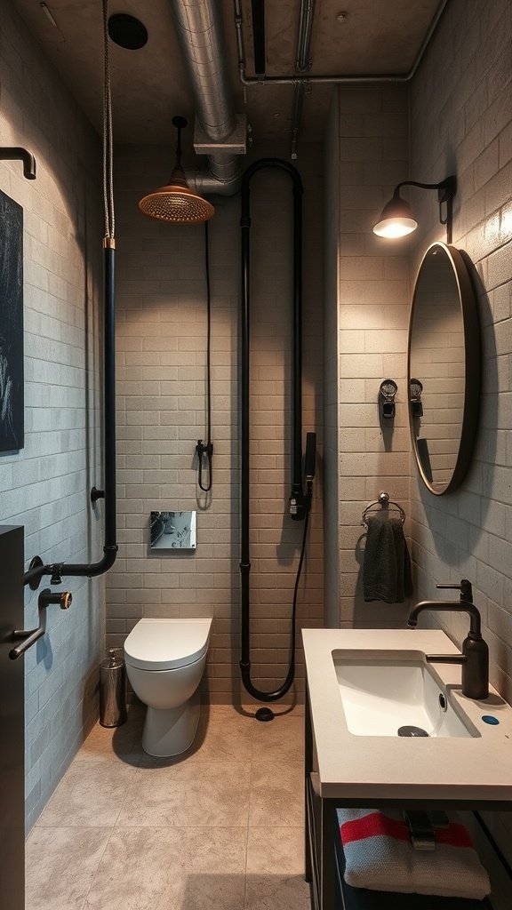 A stylish industrial bathroom featuring exposed pipes, a round mirror, a modern sink with gold fixtures, and a clean aesthetic.