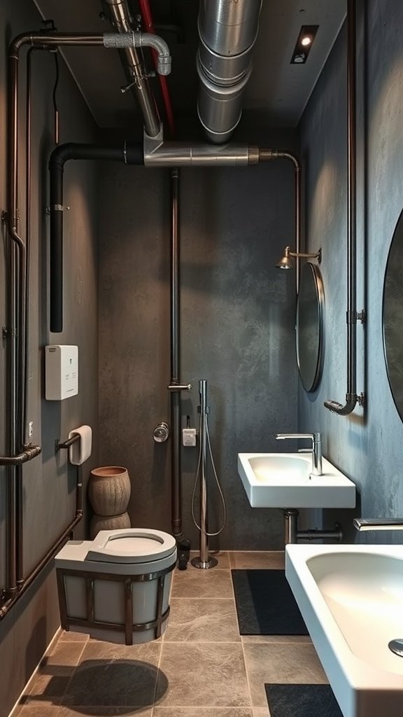 A modern industrial bathroom featuring exposed pipes, concrete walls, and minimalist fixtures.