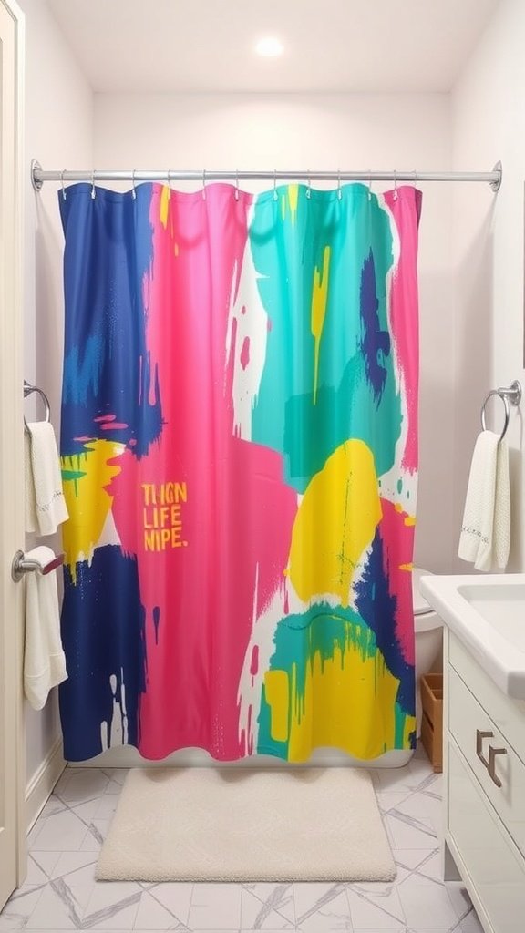 A colorful shower curtain featuring splashes of pink, blue, and yellow in a modern bathroom.