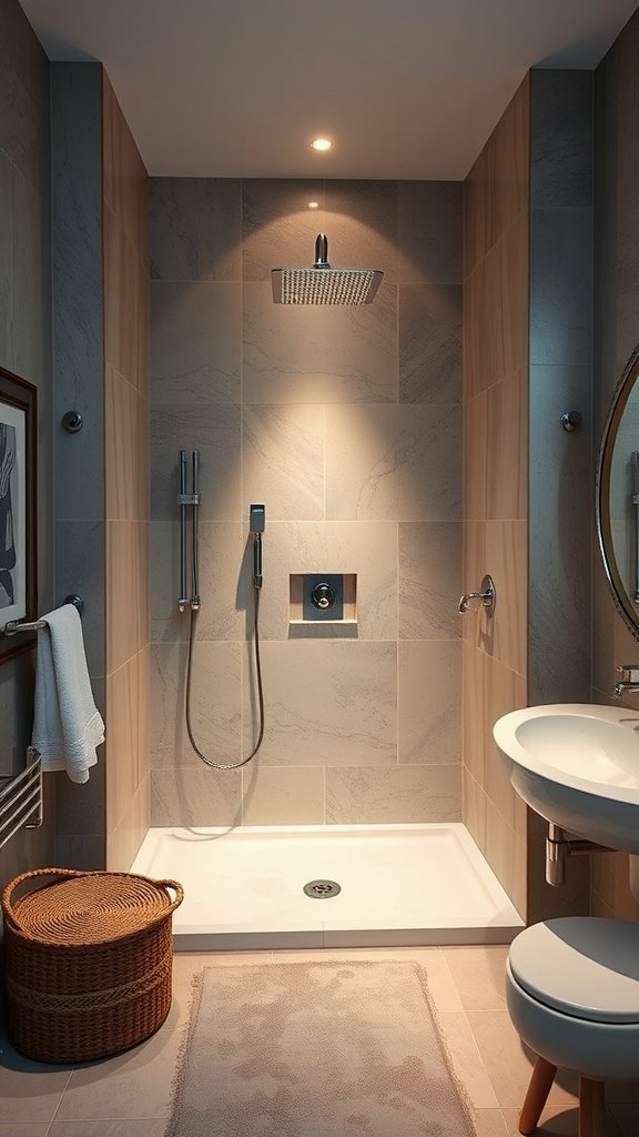 A modern shower design featuring sleek tiles and a rainfall showerhead, showcasing minimalist elegance.